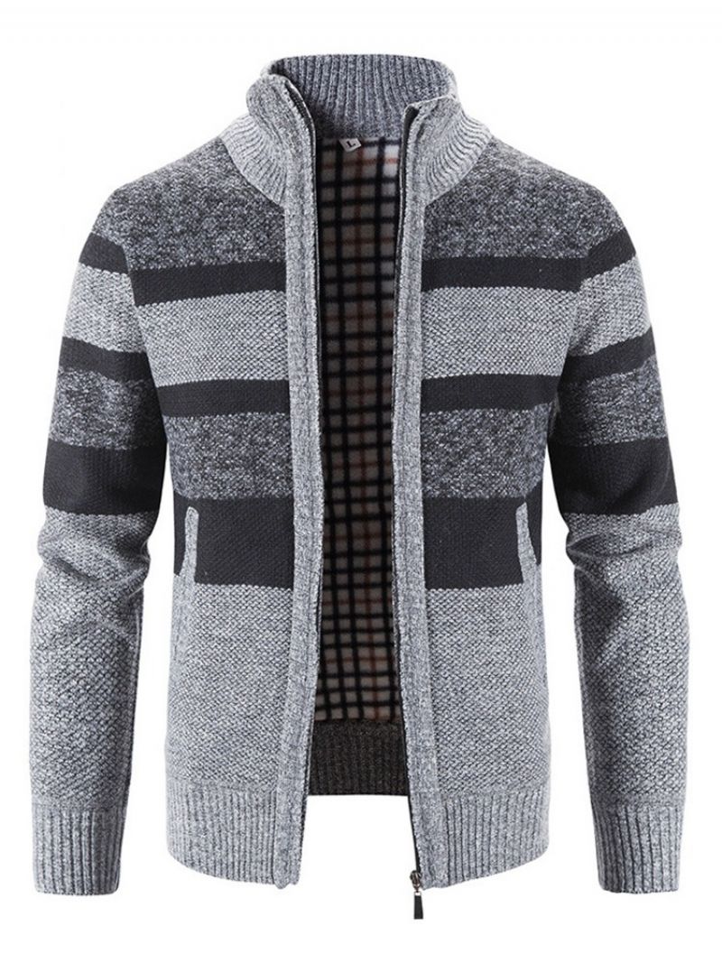 Patchwork Stripe Stand Collar Zipper Casual Sweter