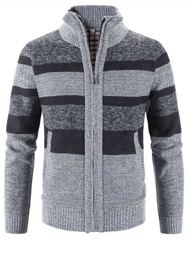 Patchwork Stripe Stand Collar Zipper Casual Sweter