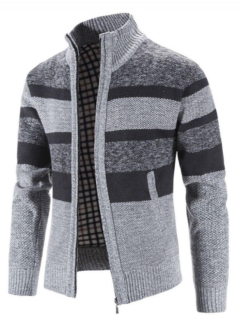 Patchwork Stripe Stand Collar Zipper Casual Sweter