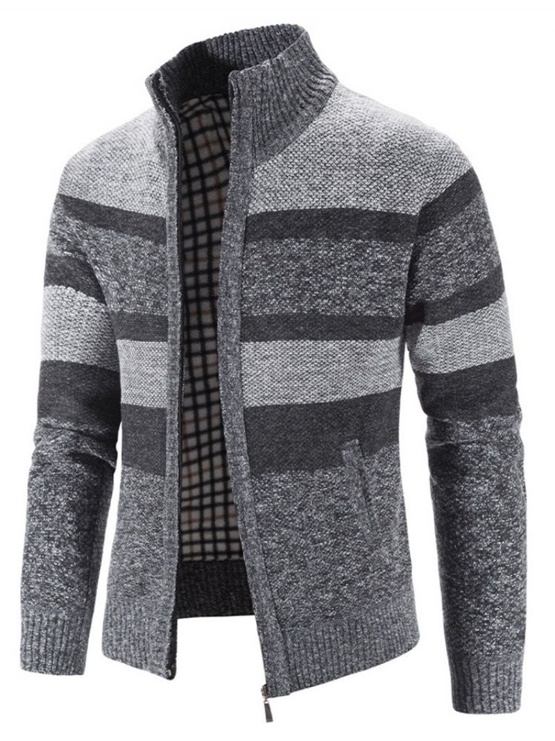 Patchwork Stripe Stand Collar Zipper Casual Sweter