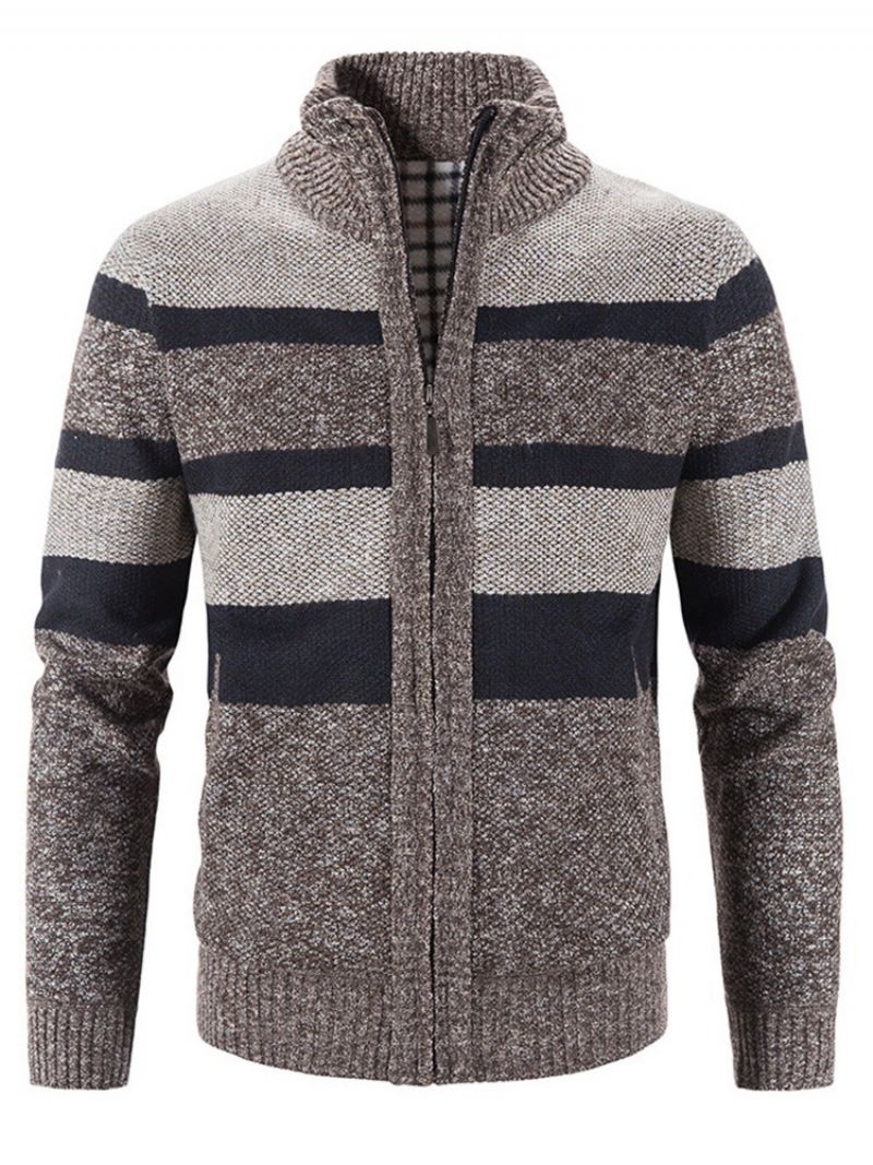 Patchwork Stripe Stand Collar Zipper Casual Sweter