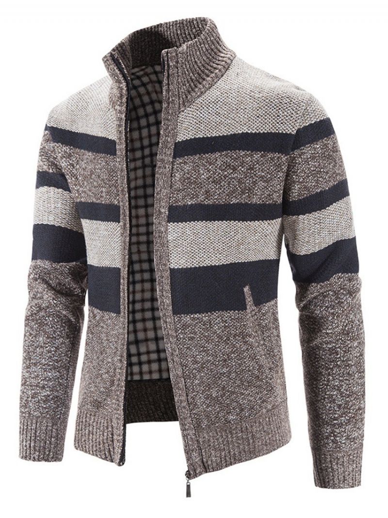 Patchwork Stripe Stand Collar Zipper Casual Sweter