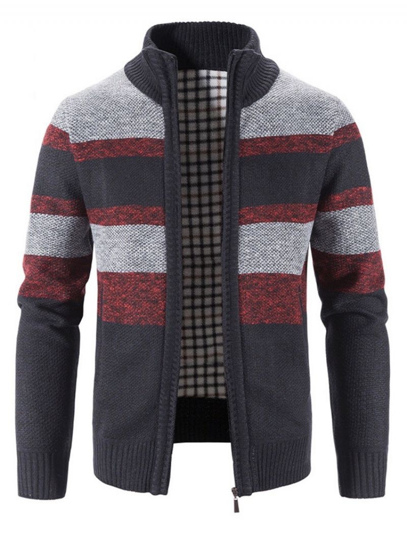 Patchwork Stripe Stand Collar Zipper Casual Sweter