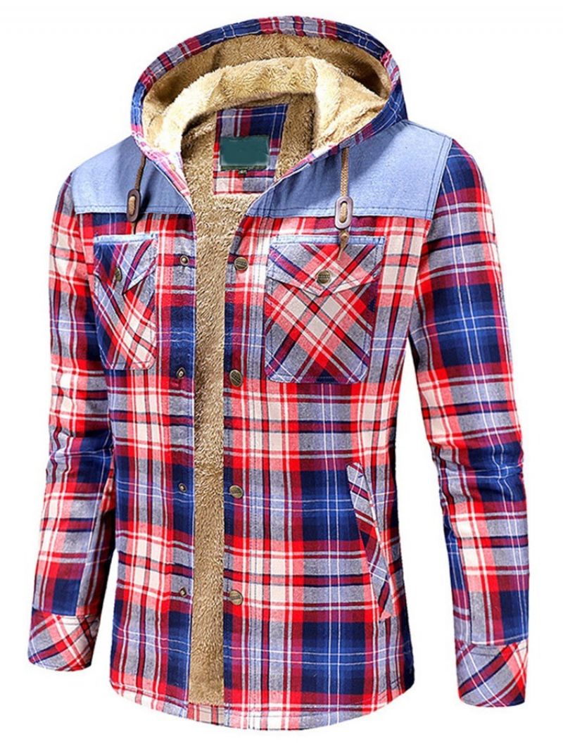 Plaid Fleece Patchwork Zimowa Kurtka Męska Na Co Dzień