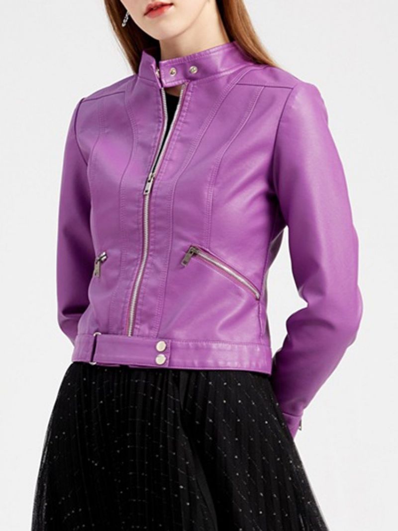 Zipper Purple Standard Slim Winter Pu Jacket