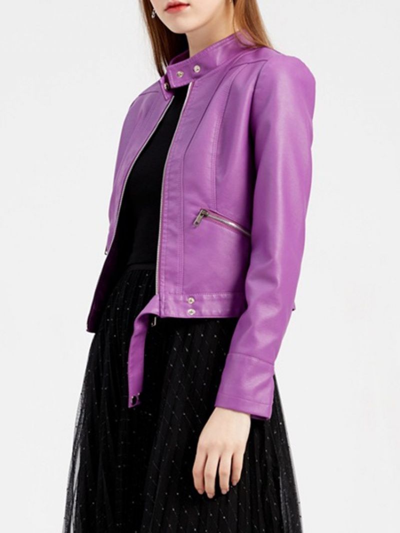 Zipper Purple Standard Slim Winter Pu Jacket