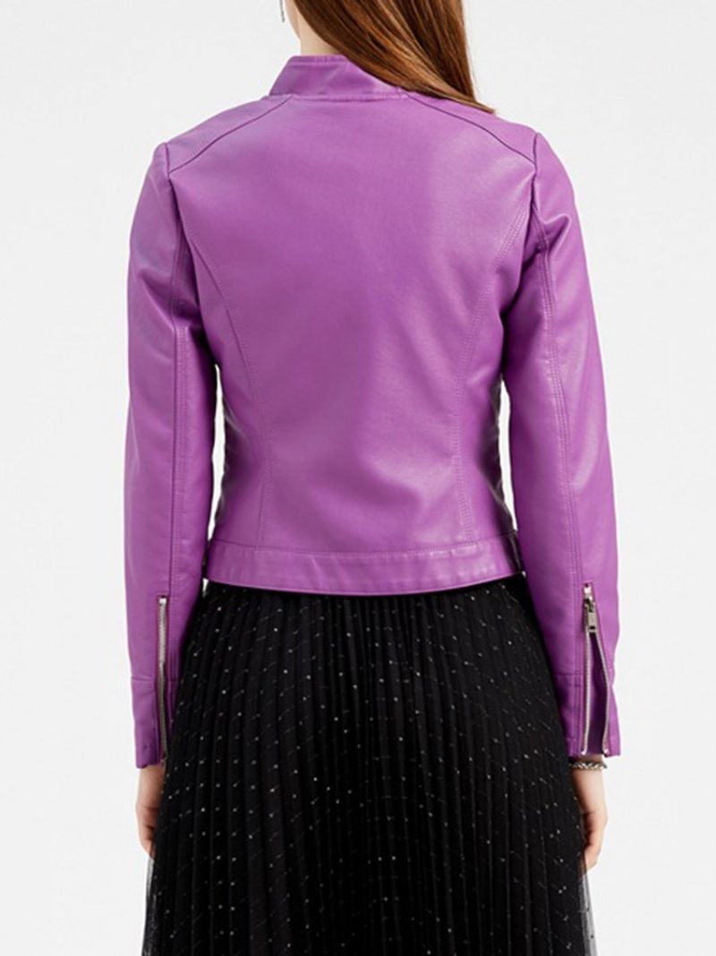 Zipper Purple Standard Slim Winter Pu Jacket