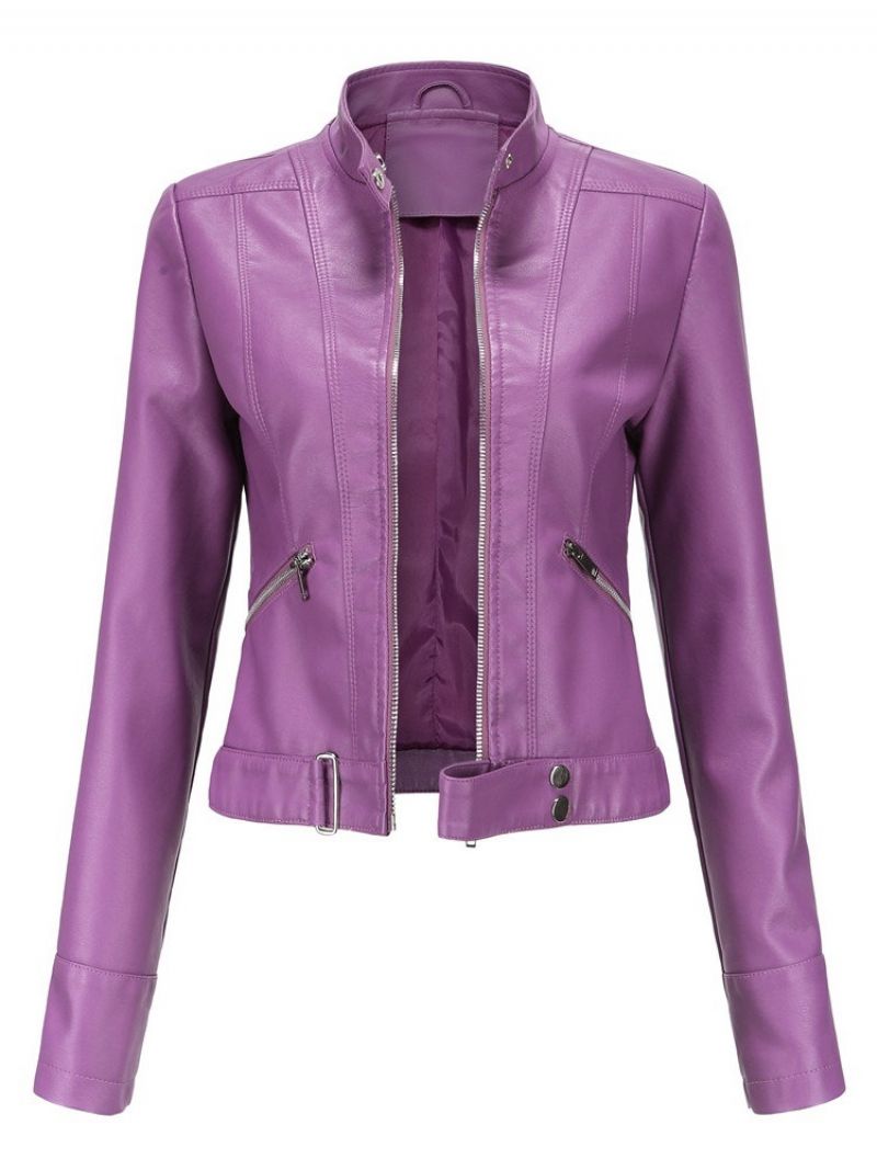 Zipper Purple Standard Slim Winter Pu Jacket