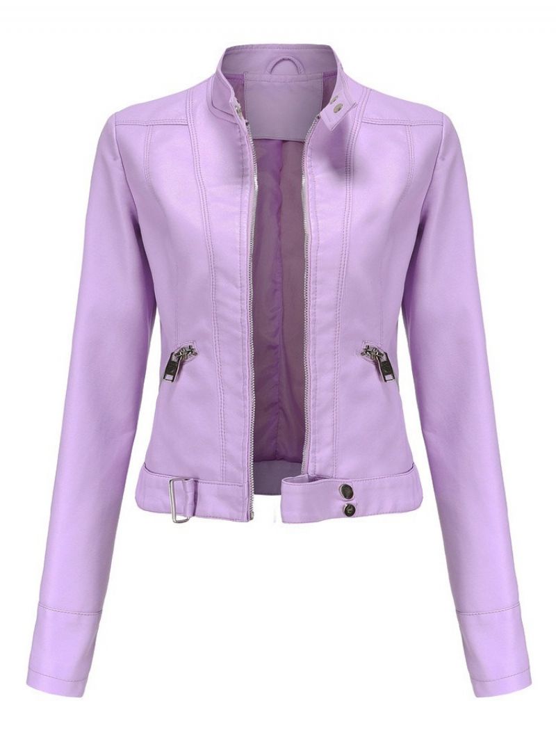 Zipper Purple Standard Slim Winter Pu Jacket