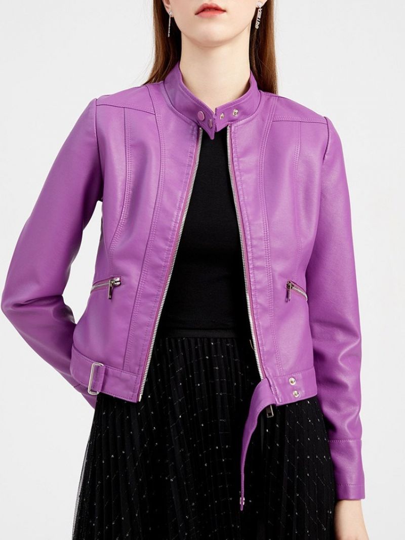 Zipper Purple Standard Slim Winter Pu Jacket