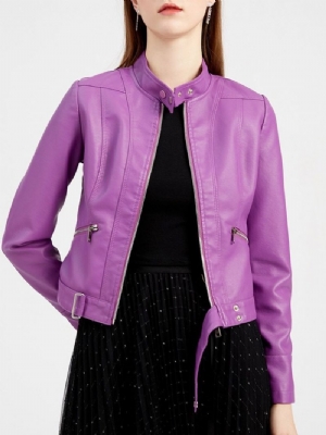 Zipper Purple Standard Slim Winter Pu Jacket