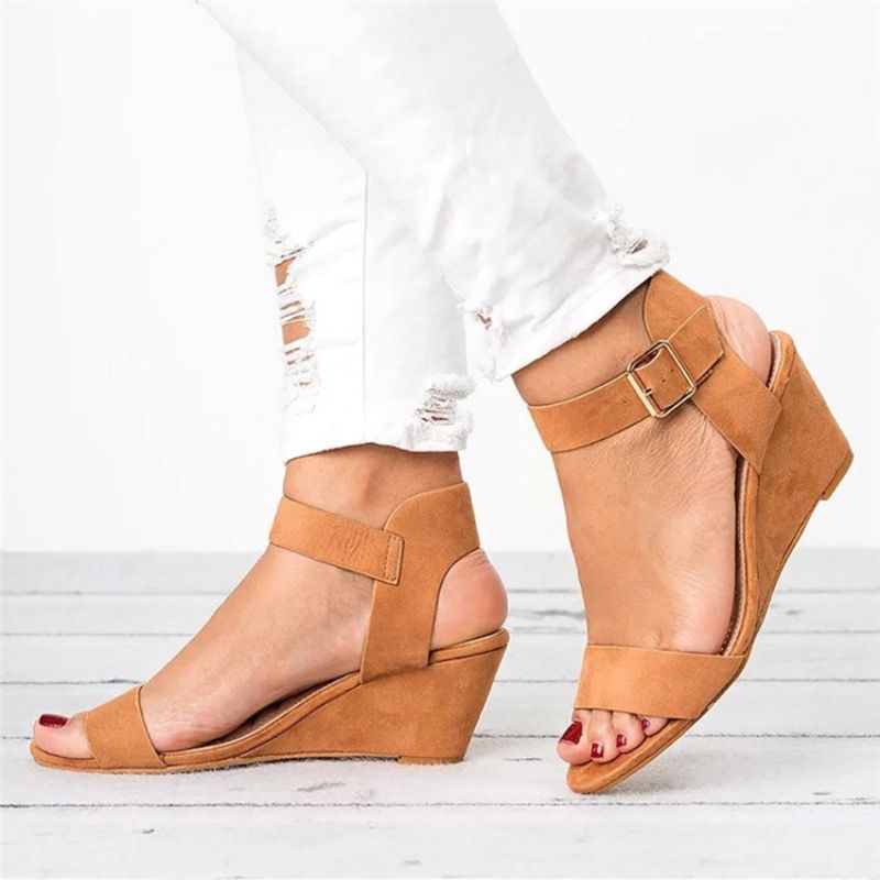 Okrągłe Toe Klamra Wedge Heel Plain Sandały