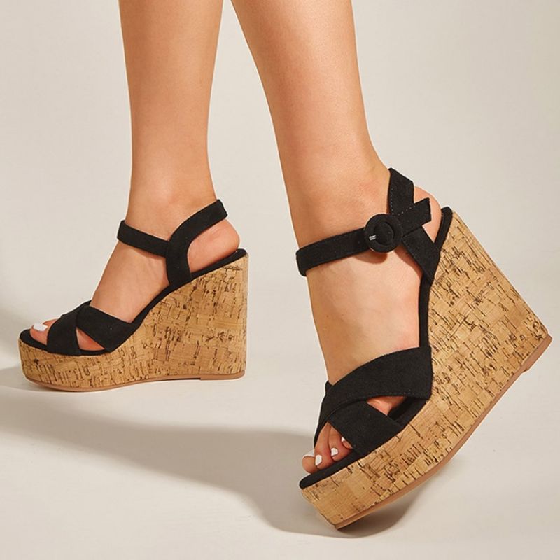 Okrągłe Toe Wedge Heel Buckle Low-Cut Górne Sandały Damskie