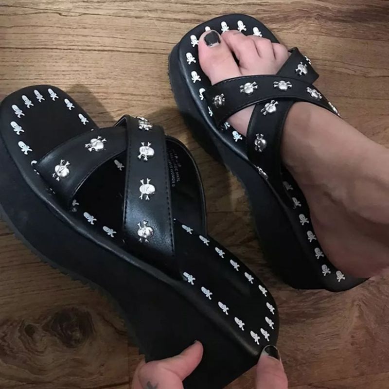 Slip-On Toe Ring Wedge Heel Damskie Kapcie Na Co Dzień