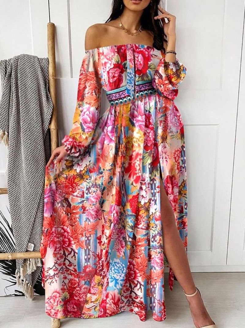 Drukuj Długi Rękaw Długość Podłogi Office Lady Pullover Dress Floral Maxi Dress Sukienki Plażowe Kobiet