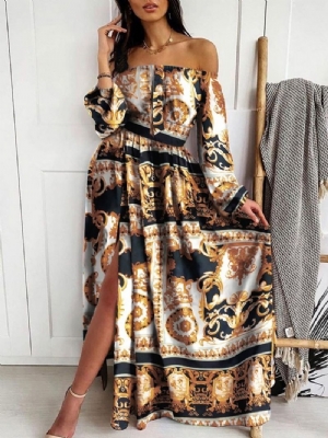 Drukuj Długi Rękaw Długość Podłogi Office Lady Pullover Dress Floral Maxi Dress Sukienki Plażowe Kobiet