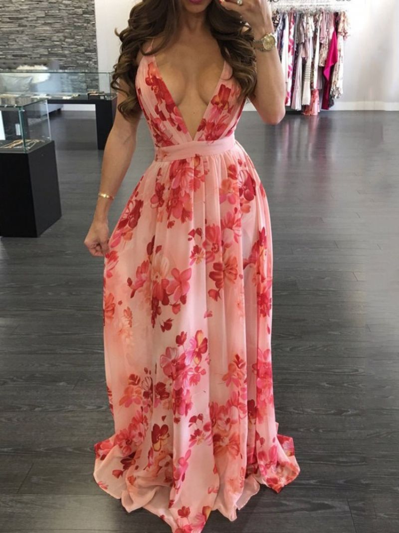 V-Neck Backless Długość Podłogi Moda Floral Maxi Dress Sukienki Plażowe Kobiet