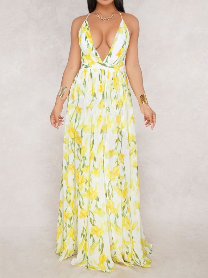 V-Neck Backless Długość Podłogi Moda Floral Maxi Dress Sukienki Plażowe Kobiet