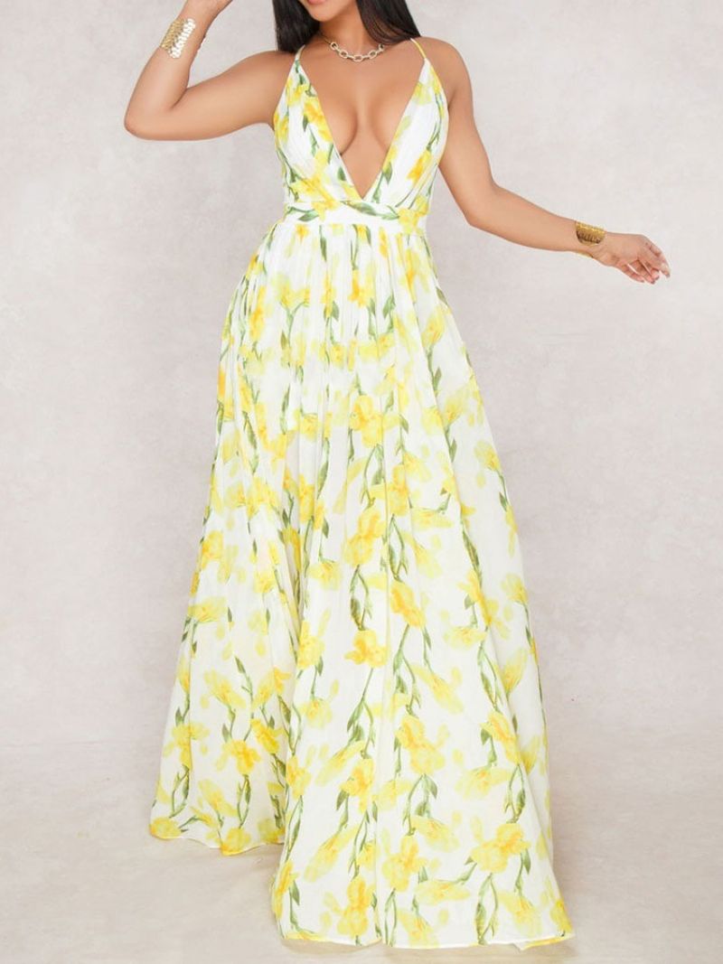 V-Neck Backless Długość Podłogi Moda Floral Maxi Dress Sukienki Plażowe Kobiet