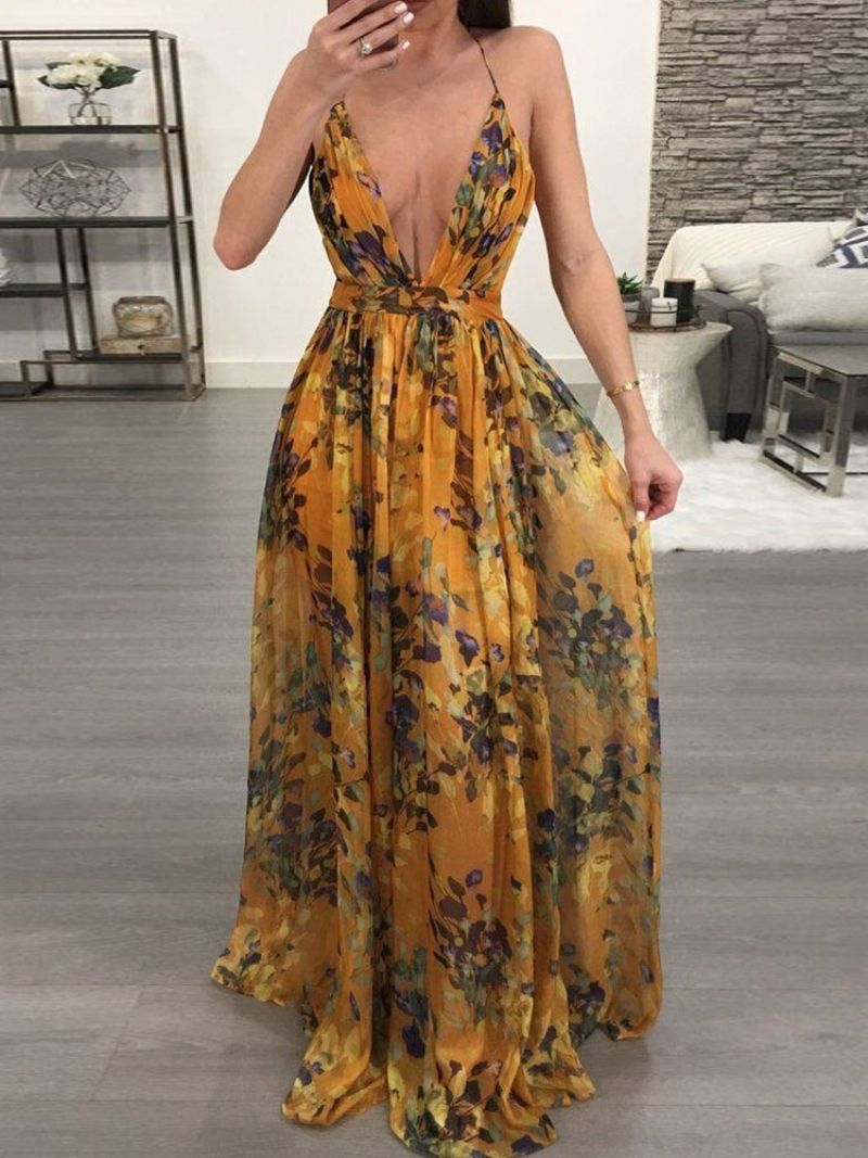 V-Neck Backless Długość Podłogi Moda Floral Maxi Dress Sukienki Plażowe Kobiet