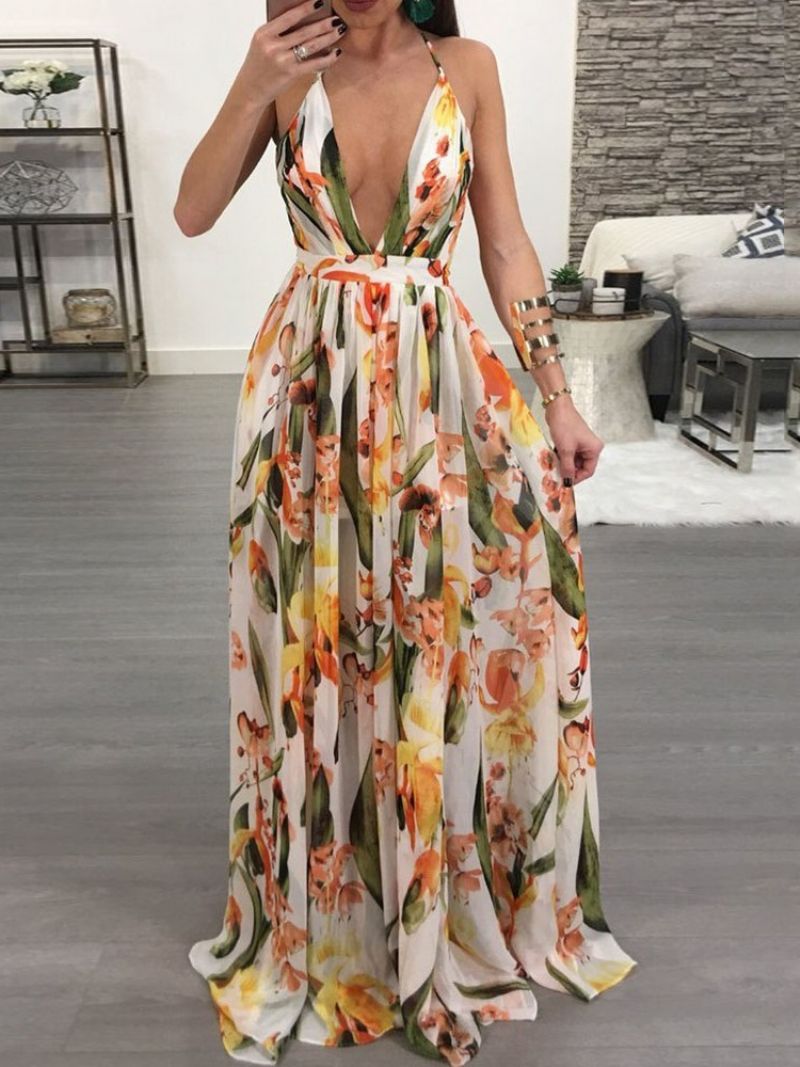 V-Neck Backless Długość Podłogi Moda Floral Maxi Dress Sukienki Plażowe Kobiet