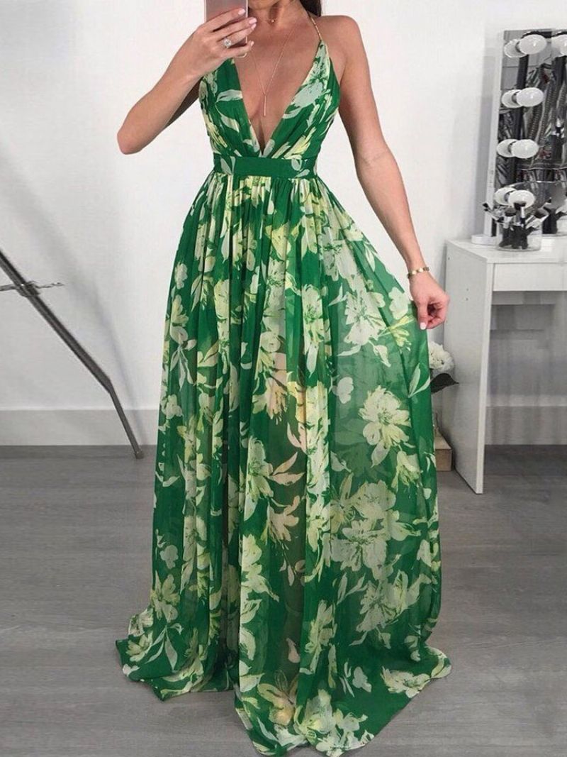 V-Neck Backless Długość Podłogi Moda Floral Maxi Dress Sukienki Plażowe Kobiet