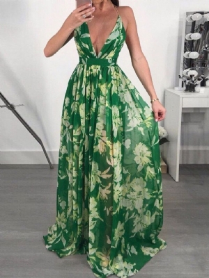 V-Neck Backless Długość Podłogi Moda Floral Maxi Dress Sukienki Plażowe Kobiet