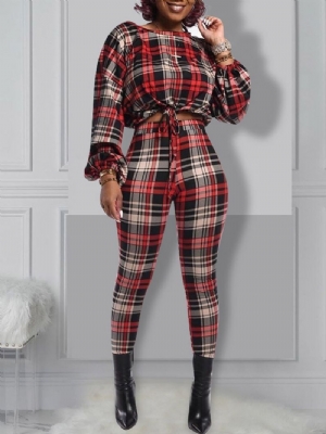 Casual T-Shirt Plaid Pencil Pants Okrągły Dekolt Dwuczęściowe Zestawy