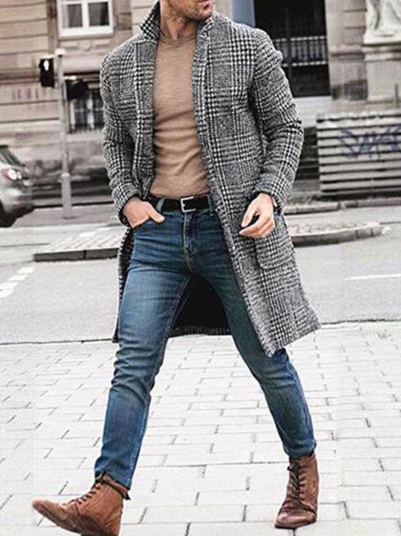 Plaid Średniej Długości Z Karbowaną Klapą European Slim Coat