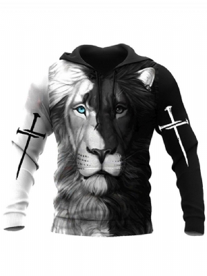 Sweter Z Nadrukiem W Stylu Wikingów Lion Slim Pullover Hoodie