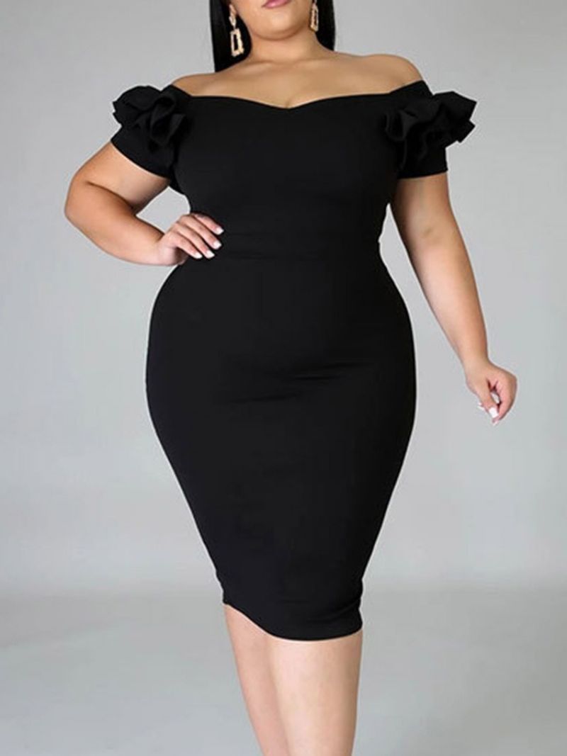 Do Połowy Łydki Z Krótkimi Rękawami Elastyczna Selvedge Letnia Gładka Sukienka Bodycon W Dużych Rozmiarach