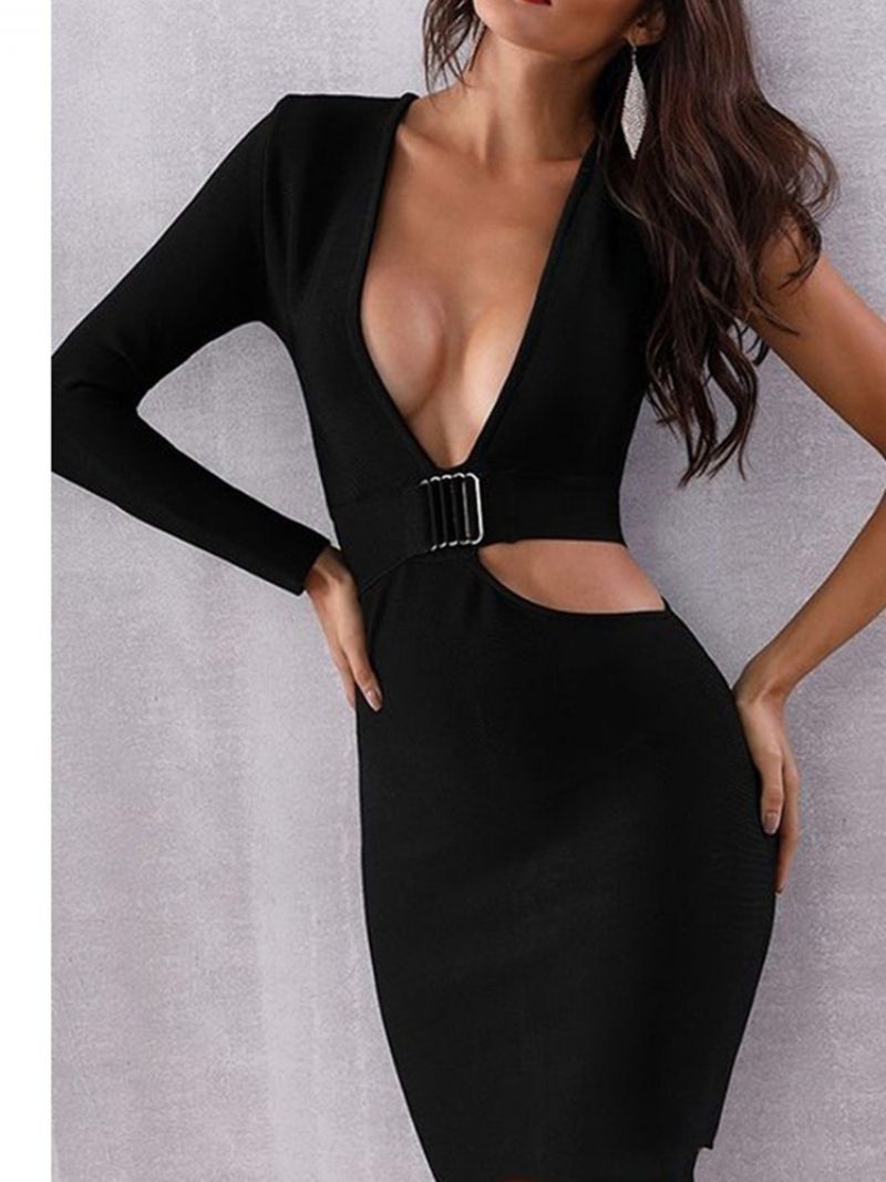 Mała Czarna Sukienka Z Długim Rękawem Hollow V-Neck Bodycon Seksowna Sukienka