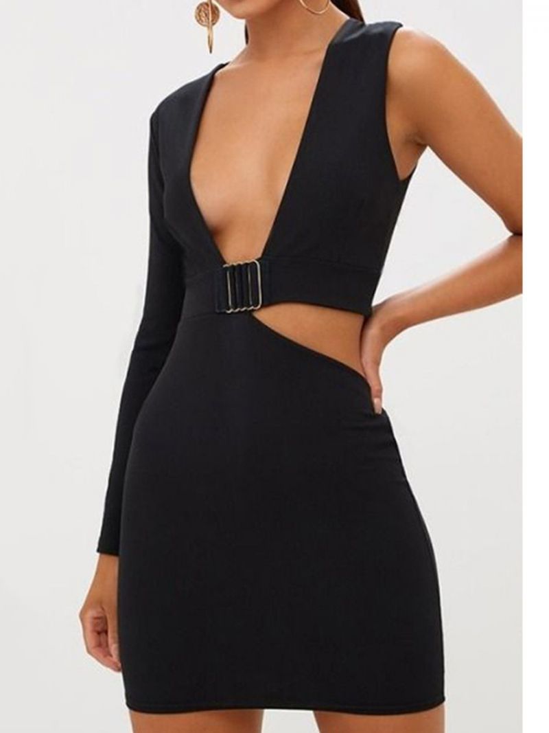 Mała Czarna Sukienka Z Długim Rękawem Hollow V-Neck Bodycon Seksowna Sukienka