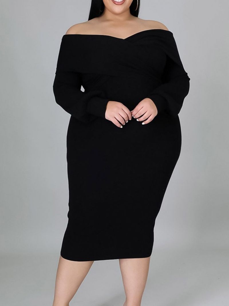 Plus Size Modna Sukienka Do Połowy Łydki Z Dekoltem W Szpic I Długim Rękawem