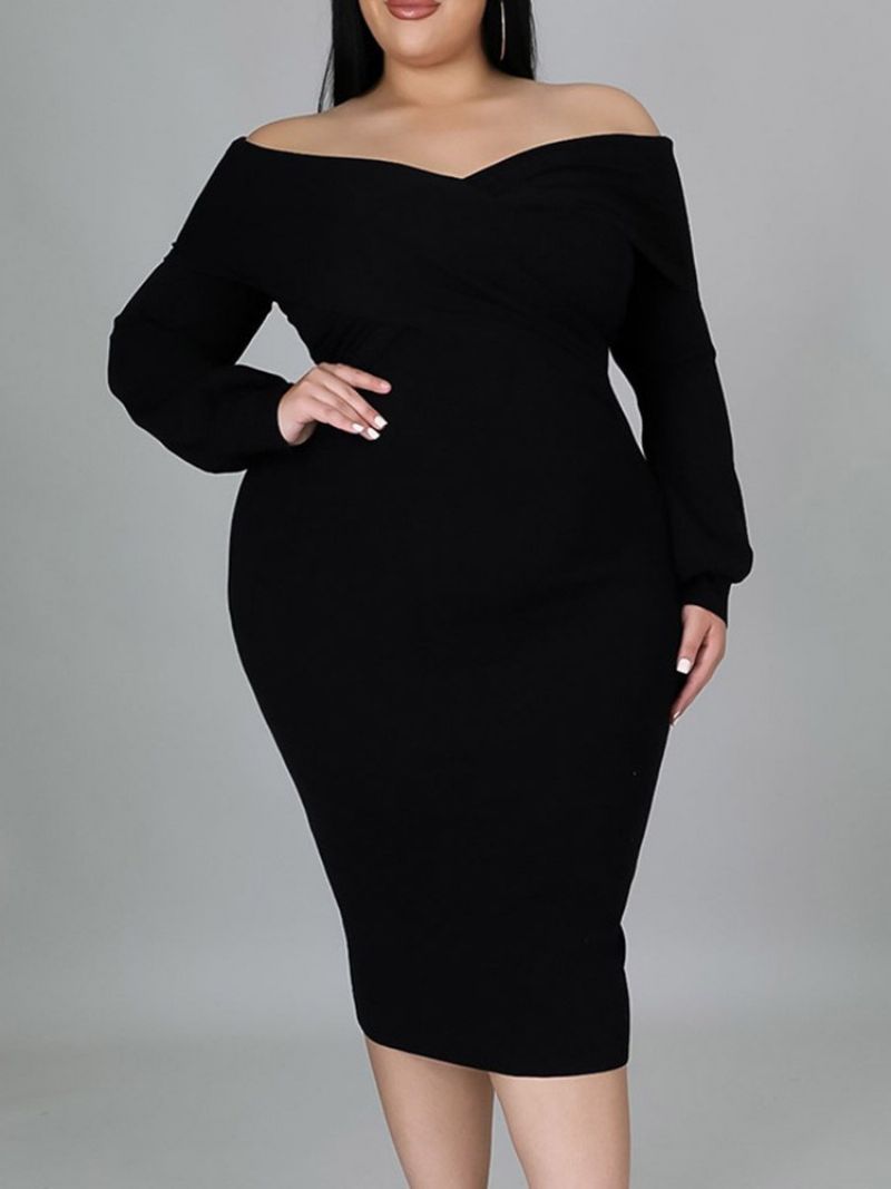 Plus Size Modna Sukienka Do Połowy Łydki Z Dekoltem W Szpic I Długim Rękawem