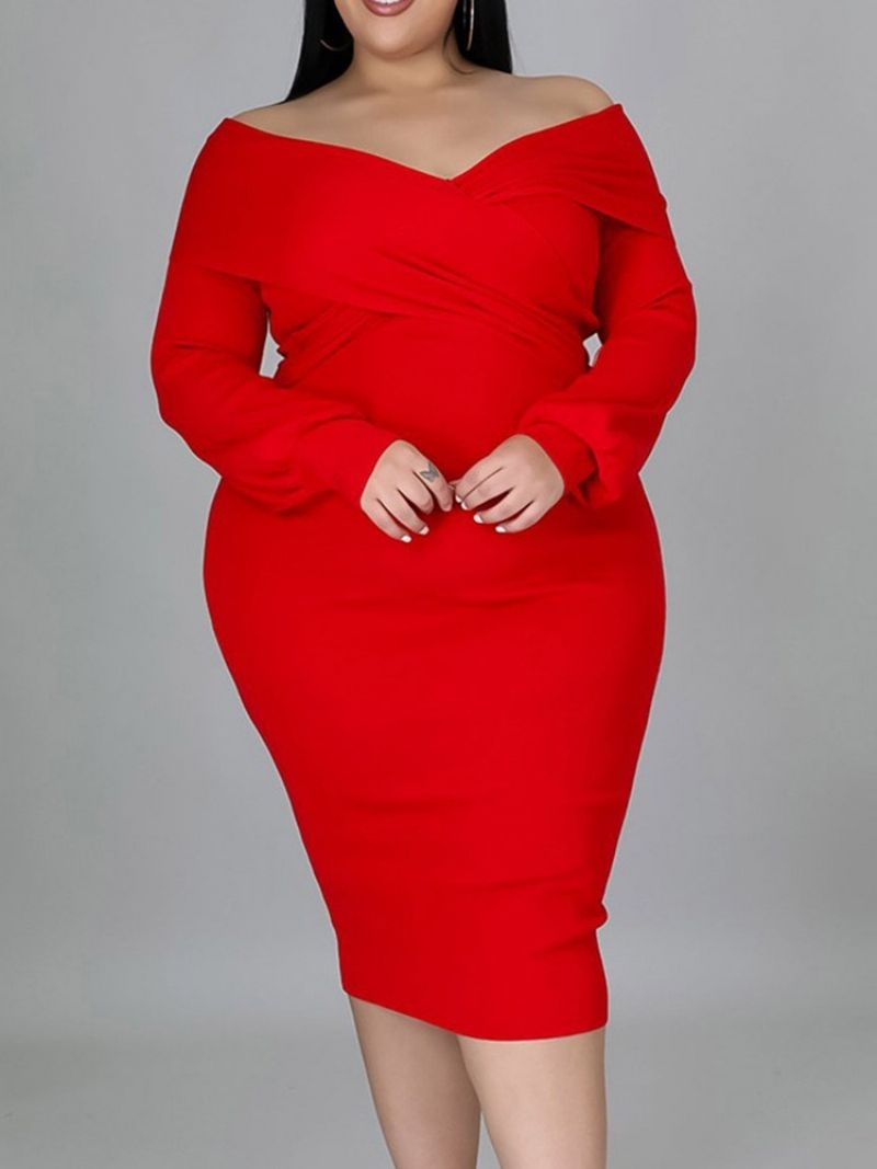 Plus Size Modna Sukienka Do Połowy Łydki Z Dekoltem W Szpic I Długim Rękawem