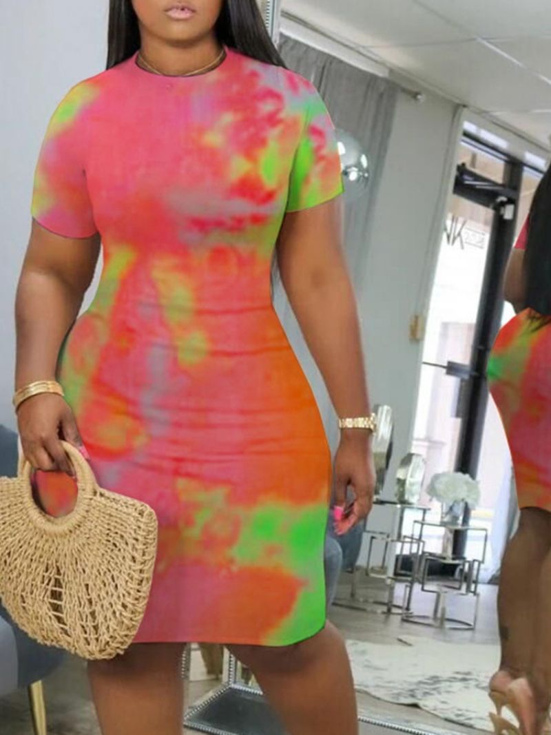 Tie-Dye Do Kolan Sukienka Bodycon Ze Średnim Stanem I Krótkim Rękawem