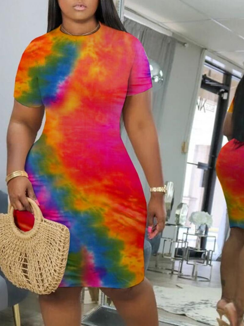 Tie-Dye Do Kolan Sukienka Bodycon Ze Średnim Stanem I Krótkim Rękawem