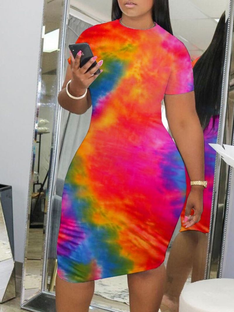 Tie-Dye Do Kolan Sukienka Bodycon Ze Średnim Stanem I Krótkim Rękawem