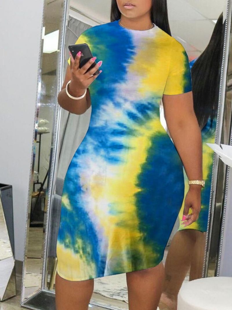 Tie-Dye Do Kolan Sukienka Bodycon Ze Średnim Stanem I Krótkim Rękawem