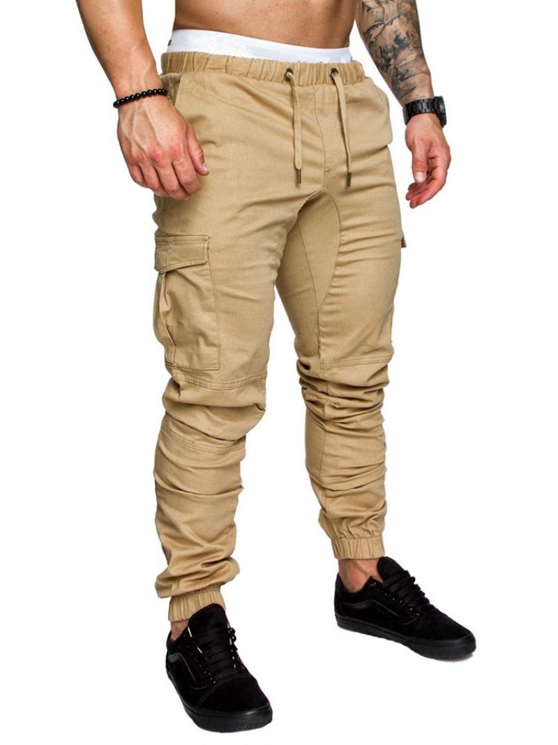 Spodnie Cargo Plain Khaki Lace Up Pocket Męskie Spodnie Na Co Dzień